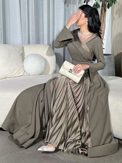 A-line Wrap Pleated Color Split-joint V-neck Maxi Dresses