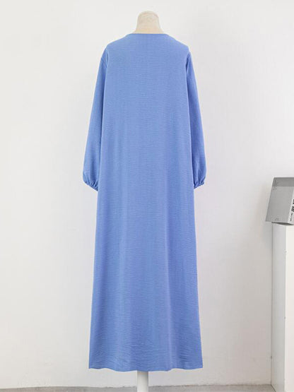 Long Sleeves Loose Pleated Color Split-joint Round-neck Maxi Dresses