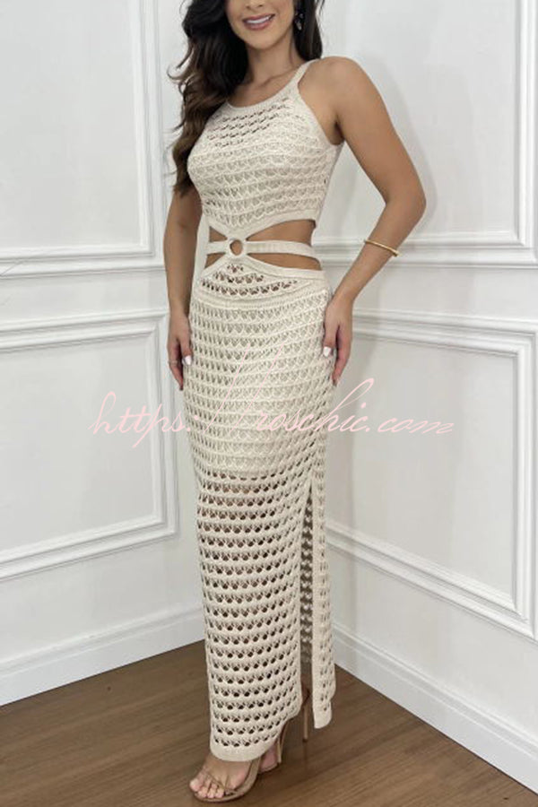 Gaze Knit Texture Ring Side Waist Cutout Stretch Maxi Dress