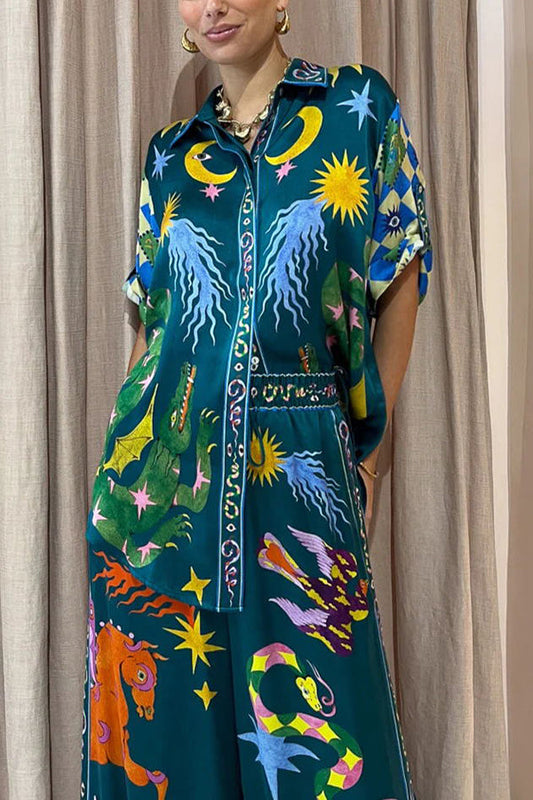 Beachy Linen Blend Unique Print Button Down Oversized Blouse