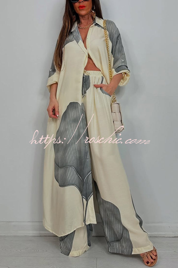 Unique Printed Loose Long Shirt and Elastic Waist Pocket Wide Leg Pants Set