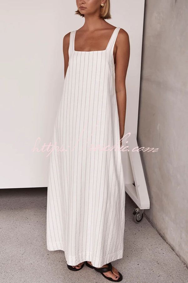Simple and Linen Blend Pinstripe Detail Square Neck A-line Maxi Dress