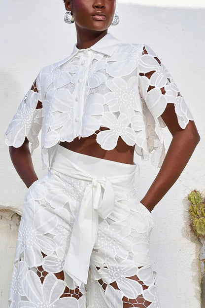 Redefining Elegance Lace Cropped Shirt and Belt Pocketed Wide Leg Pants Set