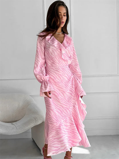 Pink Printed Ruffled Long Dress ’s Lace-up Long Sleeve Contrast Patchwork Party Dress Female Bandage Dress