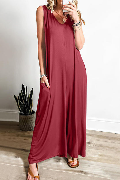 Color V-neck Sleeveless Loose Pocket Wide-leg Jumpsuit