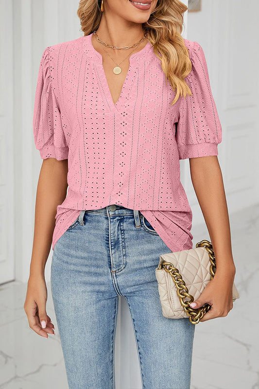 V-neck Color Hollow Puff Sleeve Loose T-shirt Top