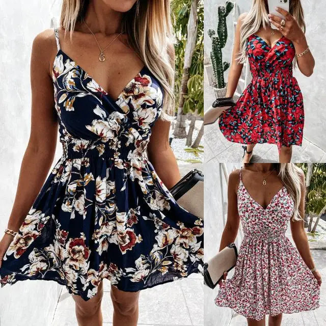 Print Spaghetti Strap Mini Dresses V-neck Backless Sleeveless Short Dress Vestidos Female Summer New