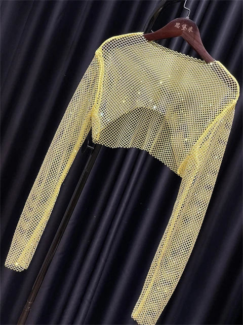 Sparkly Crystal Crop Tops for Fishnet Hollow Out See Through Cropped Coat Evening Night Club Top Party Wear