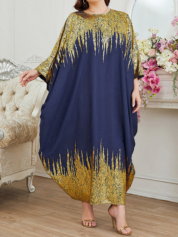 Batwing Sleeves Long Sleeves Contrast Color Printed Round-neck Maxi Dresses