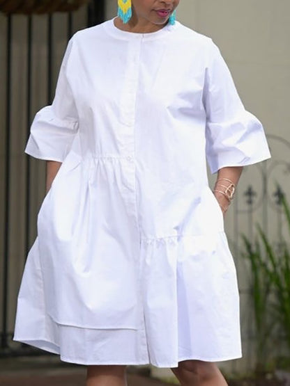 Loose Three-quarter Sleeves Asymmetric Buttoned Pleated Pockets Color Split-joint Round-neck Midi Dresses