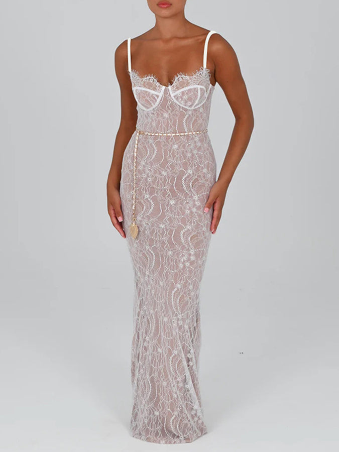 Lace Paneled Suspender Slim Maxi Dress With Belt