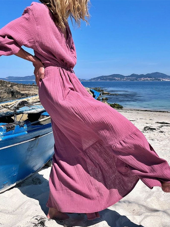 V Neck Long Sleeves Loose Maxi Dress