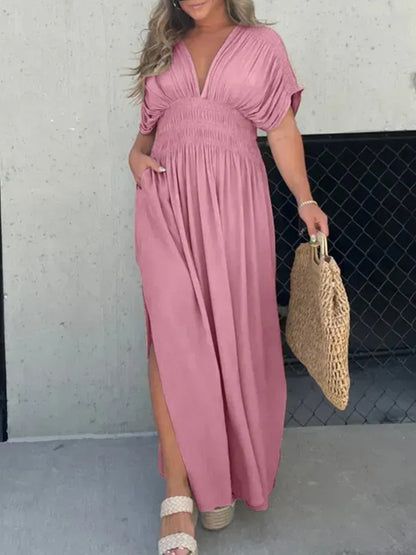 V Neck Batwing Sleeves Elastic Waist Maxi Dress