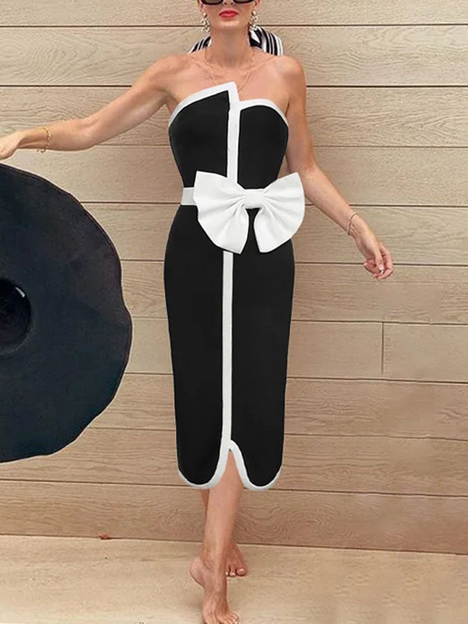Off Shoulder Bow Tie One Piece Swimsuit and Skirt