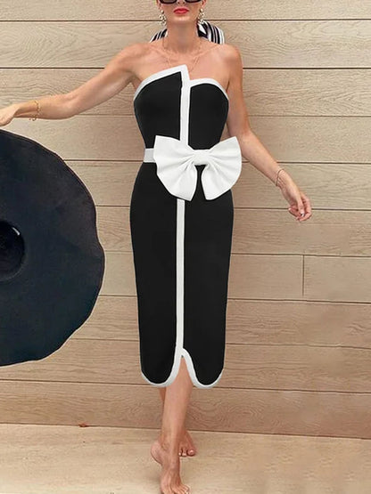 Off Shoulder Bow Tie One Piece Swimsuit and Skirt