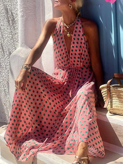 V Neck Polka Dots Printed Holiday Maxi Dress