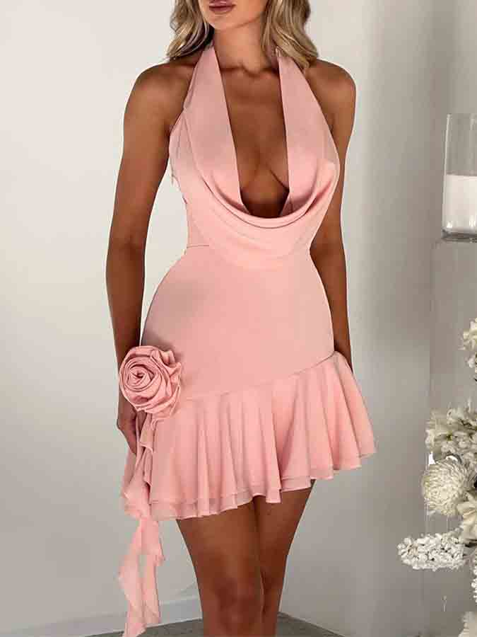 Halter 3d Flower Tassel Ruffle Mini Dress