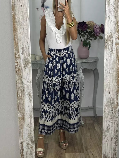 Elastic Waist Printed Wide-leg Pants