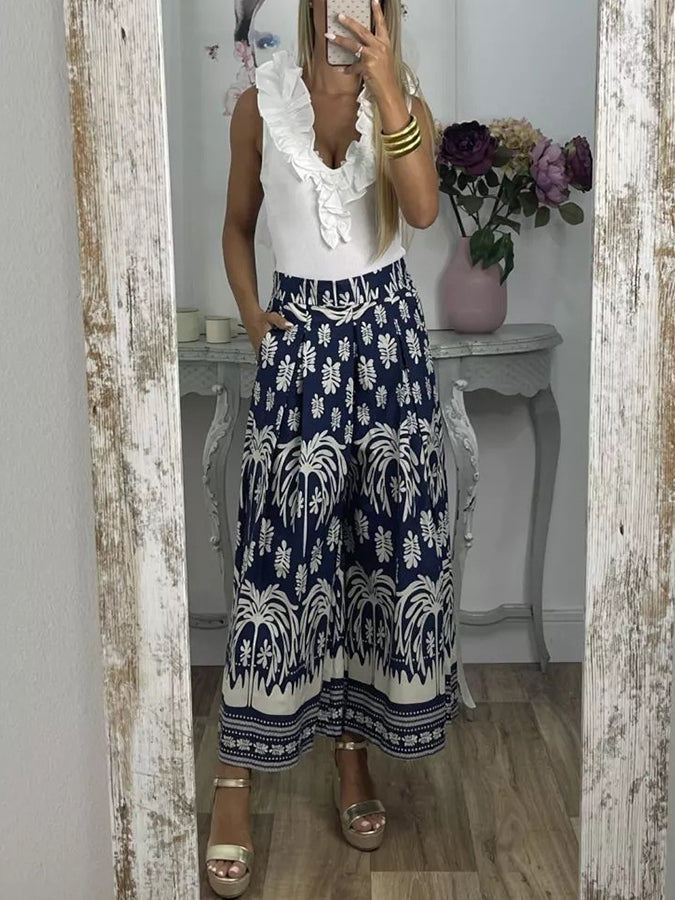 Elastic Waist Printed Wide-leg Pants