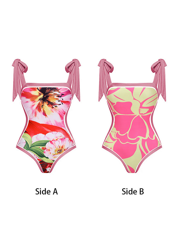 Ruffle Cut Out Flower Printed One Piece Swimsuit and Skirt