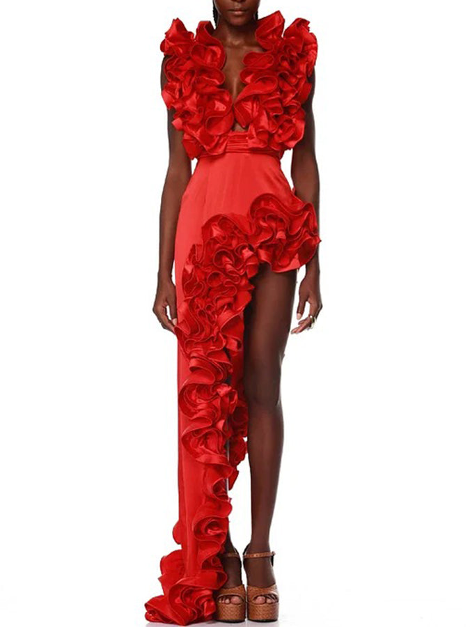 Red Flower Frilled One Shoulder Bikini Swimsuit and Skirt