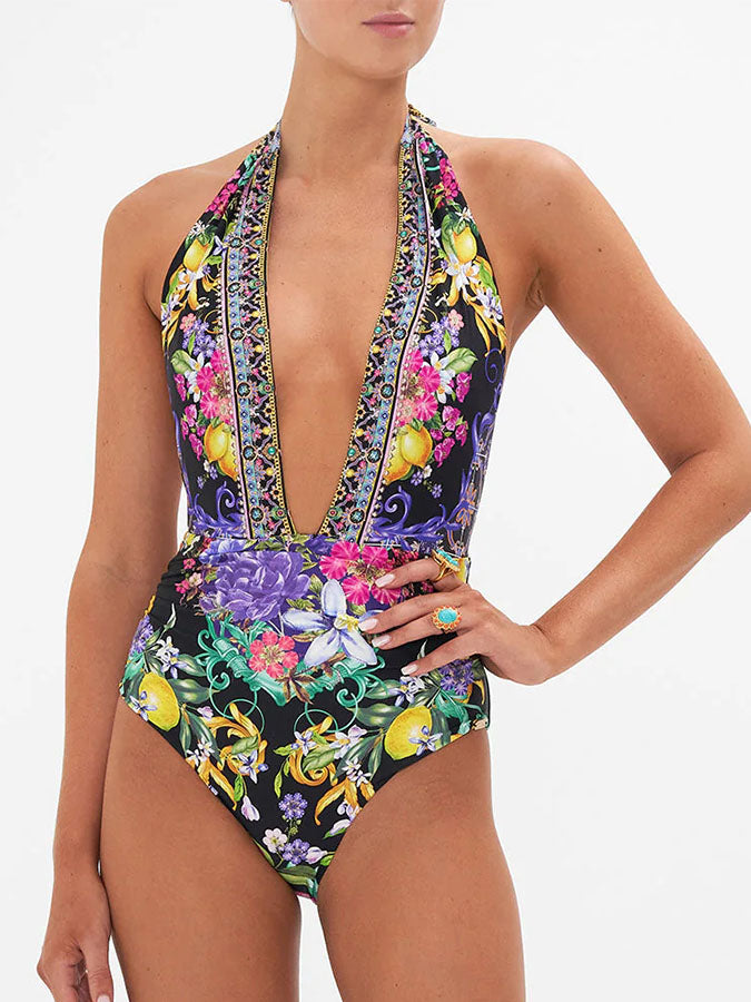 Printed One Piece Swimsuit and Skirt