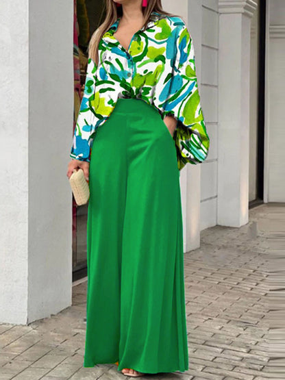 Long Sleeves Printed Shirt and Wide-leg Pants