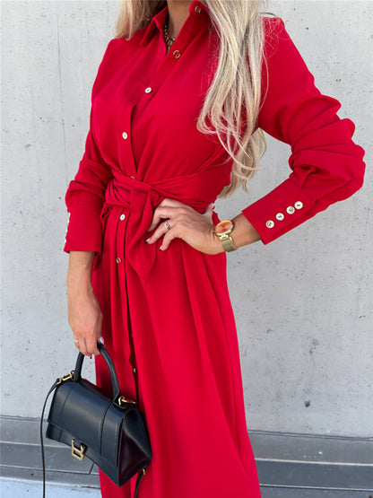 Shirt Collar Long Sleeves Buttoned Maxi Dress