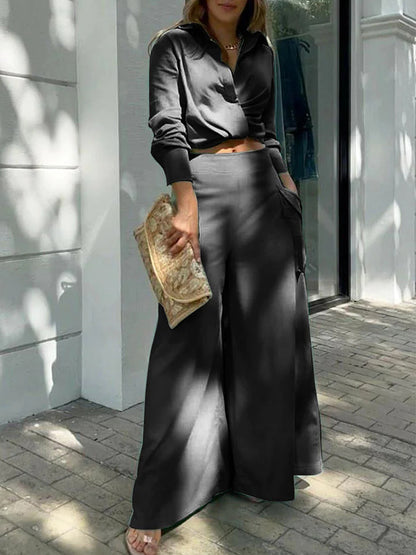 Long Sleeves Shirt and Pockets Wide-leg Pants Sets