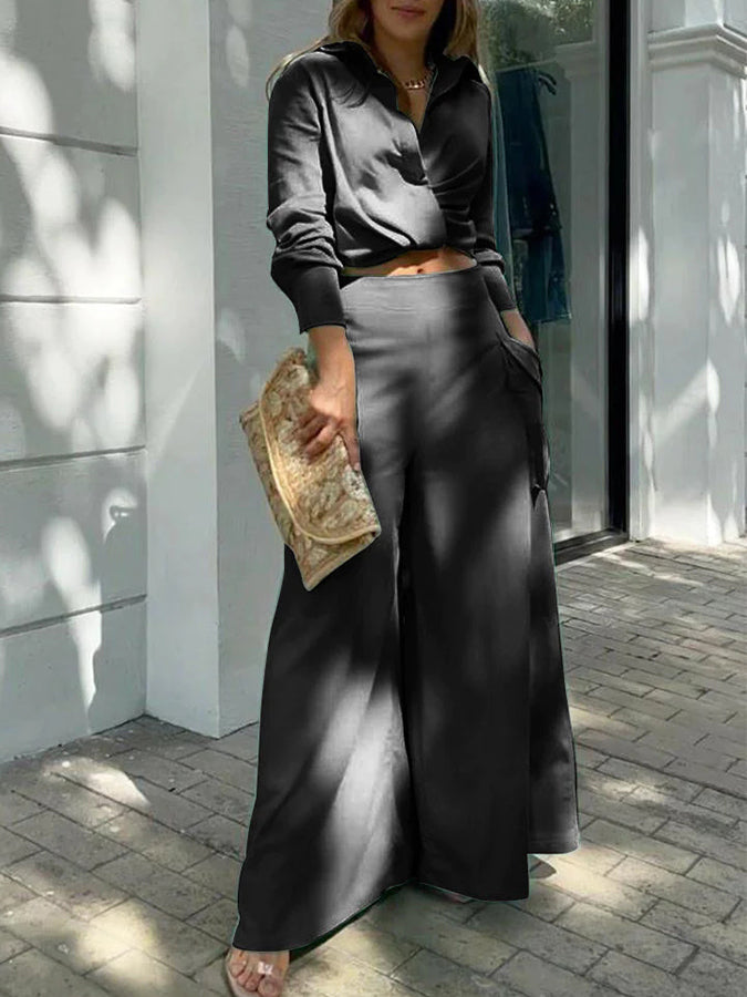 Long Sleeves Shirt and Pockets Wide-leg Pants Sets