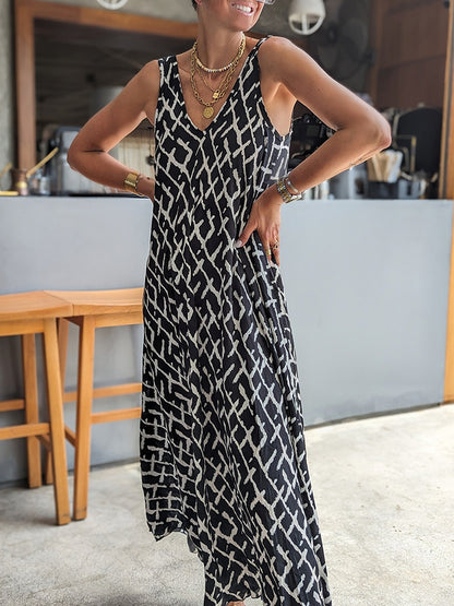 V Neck Geometric Printed Sleeveless Maxi Dress