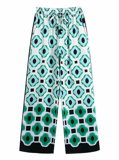Long Sleeves Geometric Printed Blouses and Pants Sets