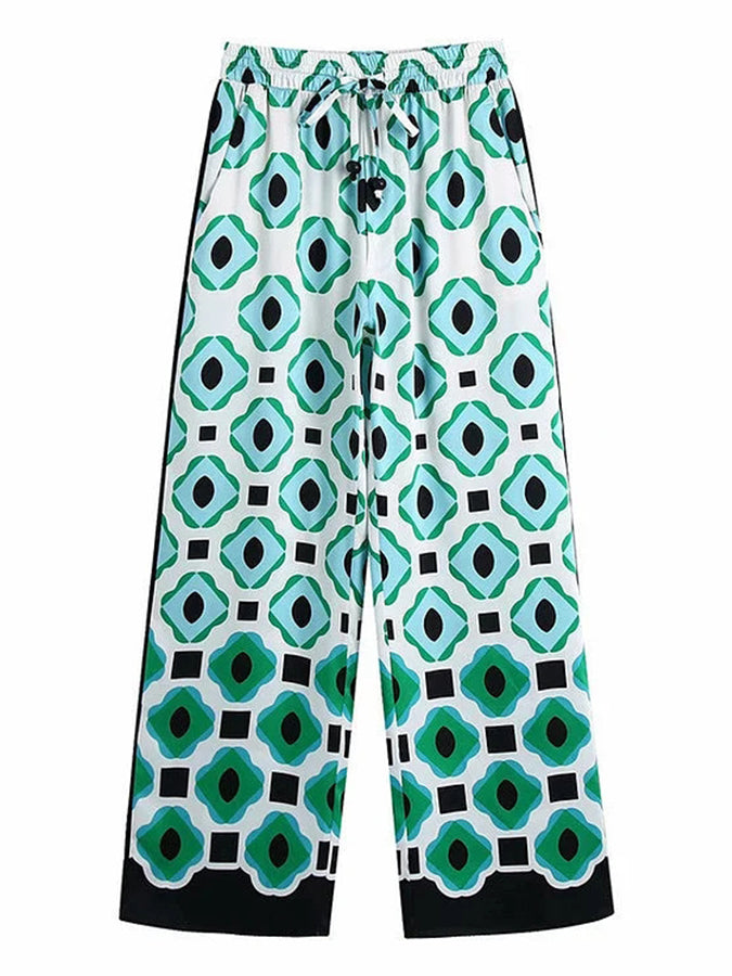 Long Sleeves Geometric Printed Blouses and Pants Sets
