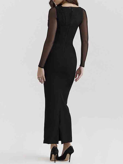 Long-sleeved Mesh Spliced v-neck Slim Long Dress