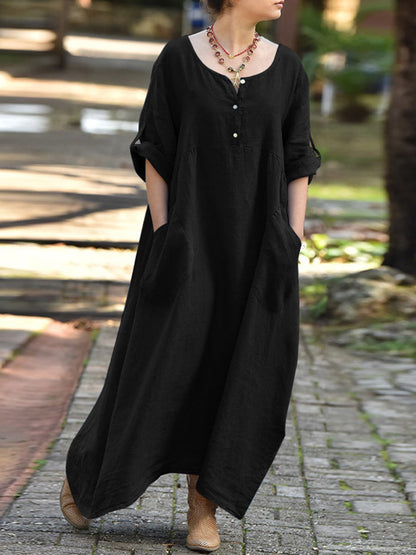 Round Neck 3/4 Sleeves Maxi Dress