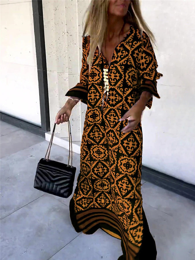 Long Sleeves Geometric Printed Maxi Dress