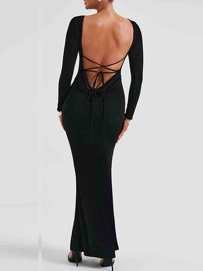 Backless Long Sleeves Slim Maxi Dress