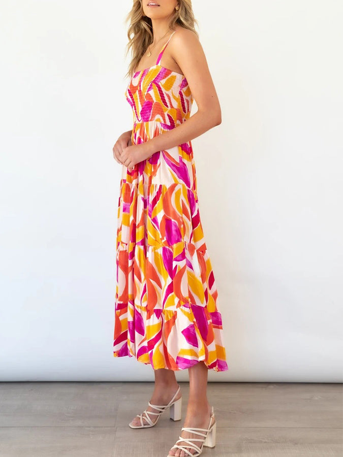 Leaves Printed Tie-shoulder Sleeveless Holiday Maxi Dress