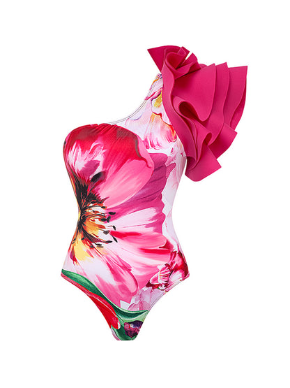Ruffle V Neck Flower Printed One Piece Swimsuit and Skirt