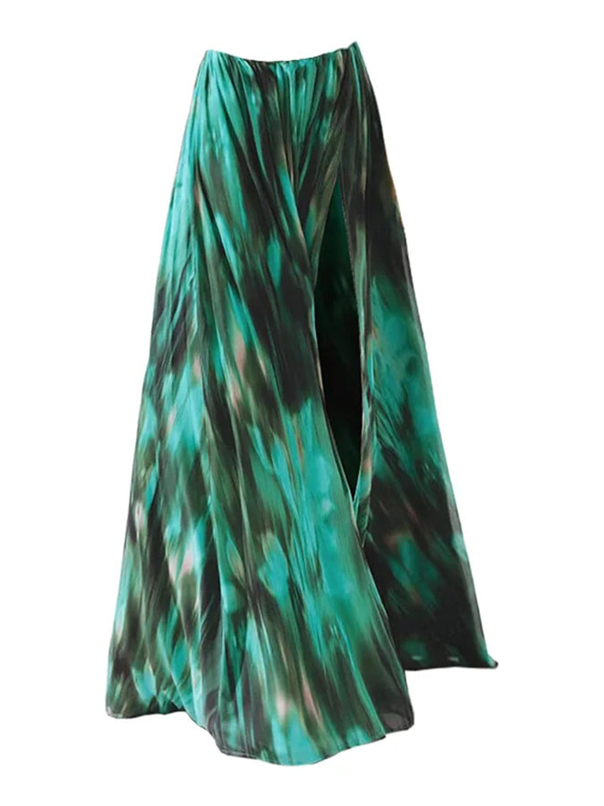 Green Printed Folds One Piece Swimsuit and Skirt