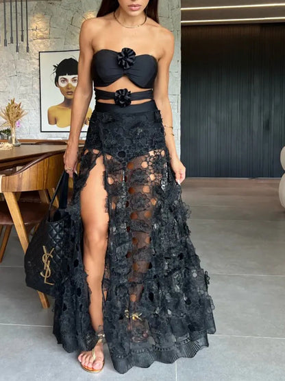 Black 3d Flower One Piece Swimsuit and Skirt