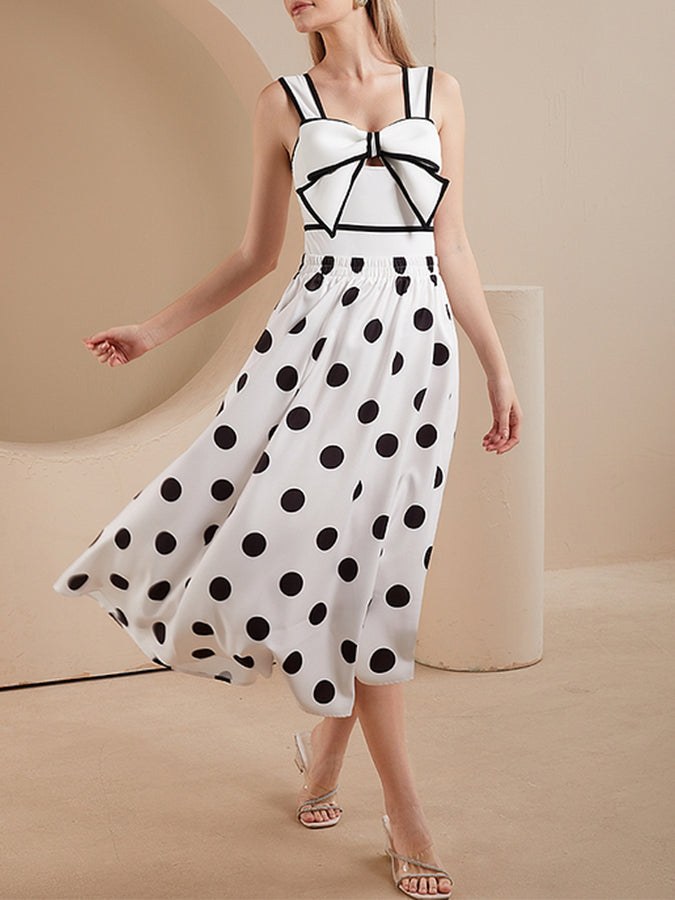 Black and White Bow Decor One Piece Swimsuit and Skirt