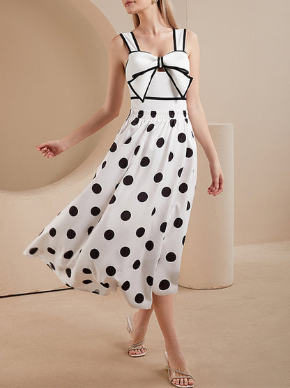 Black and White Bow Decor One Piece Swimsuit and Skirt