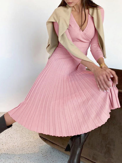 Knitted Long Sleeves V Neck Maxi Dress