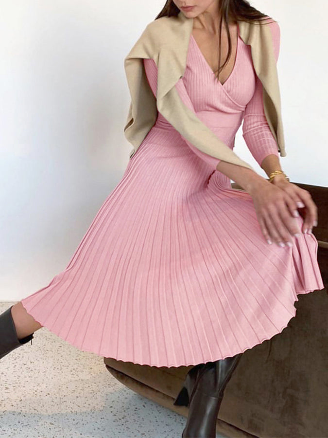 Knitted Long Sleeves V Neck Maxi Dress