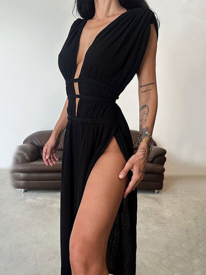 Linen-blend Slit V Neck Maxi Dress