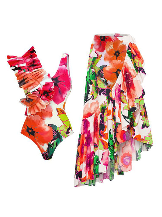 Ruffled Printed One Piece Swimsuit and Skirt