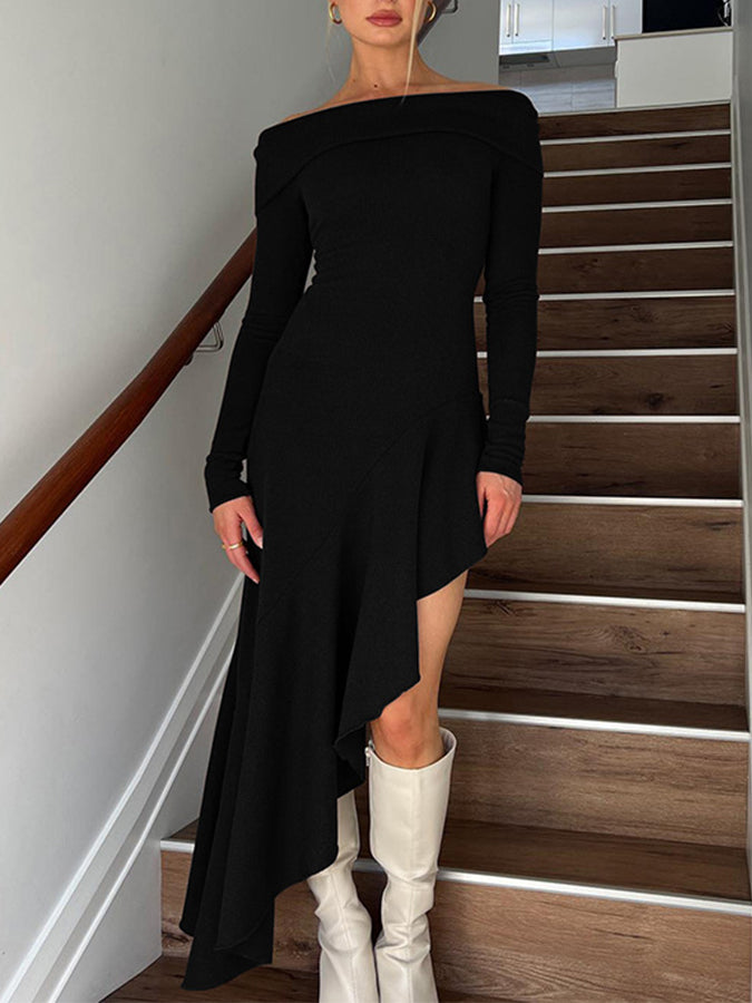 Long Sleeves Off Shoulder Ruffle Maxi Dress