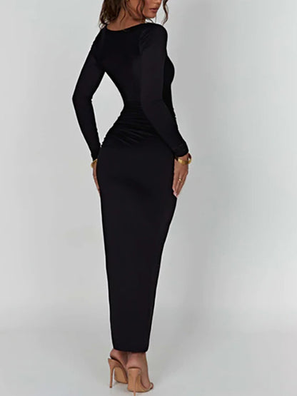 Square Neck Slit Long Sleeves Drawstring Maxi Dress