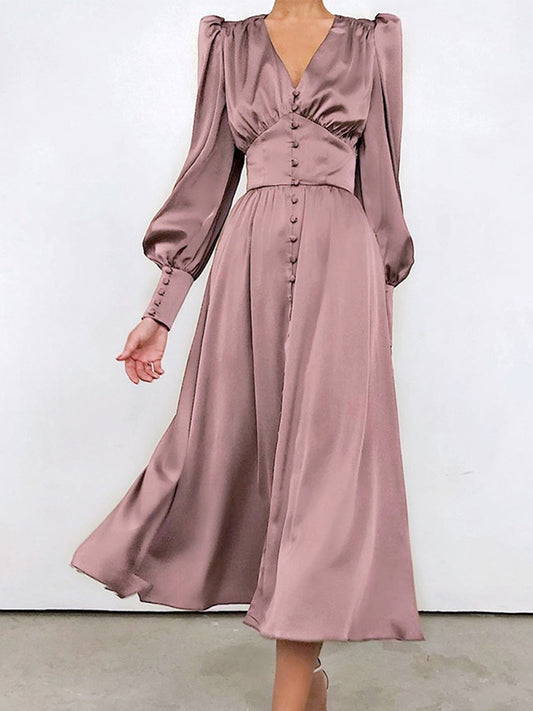 Long Sleeves Buttoned V Neck Maxi Dress